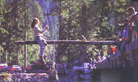 Out on a limb: Valerie Langer became Clayoquot's face of protest after she blocked a logging truck by straddling the end of a pole laid across a bridge. Photo by Adrian Dorst.